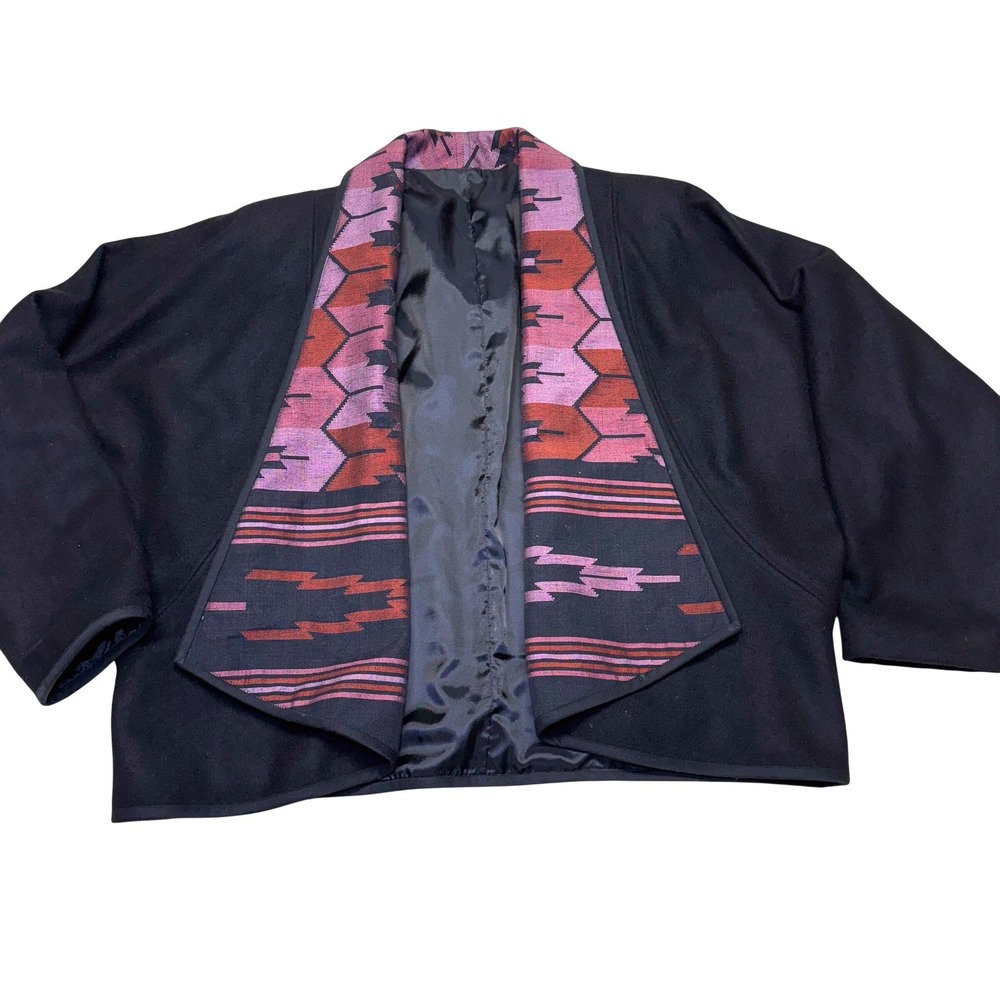 Vintage Made in Nepal Womens Black Print Kimono style cropped wool‎ blend Jacket